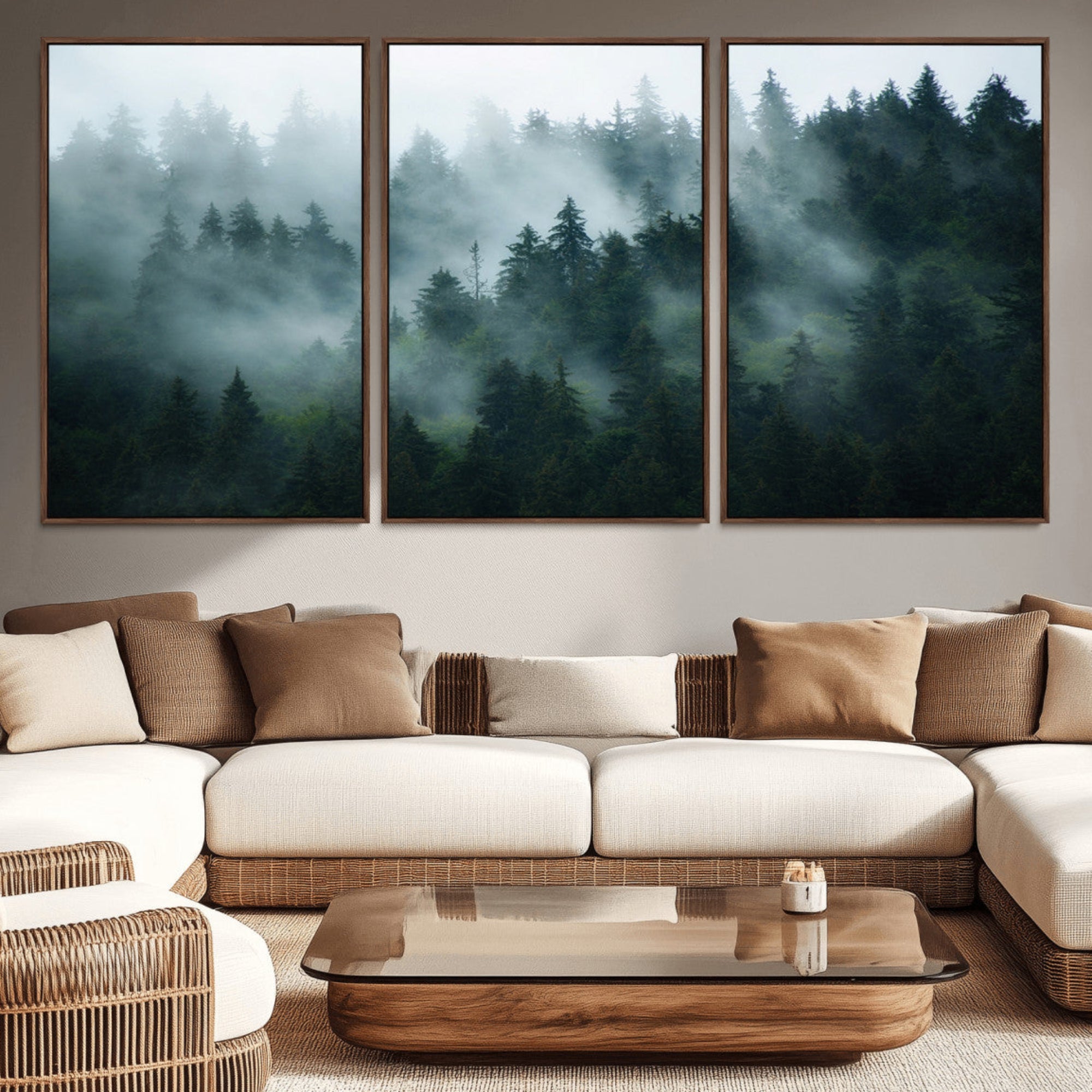 73410-MGV-CV-36X24-Misty Forest Wall Art – Serene Green Landscape Canvas Print, Nature-Inspired Woodland Decor for Living Room or Office