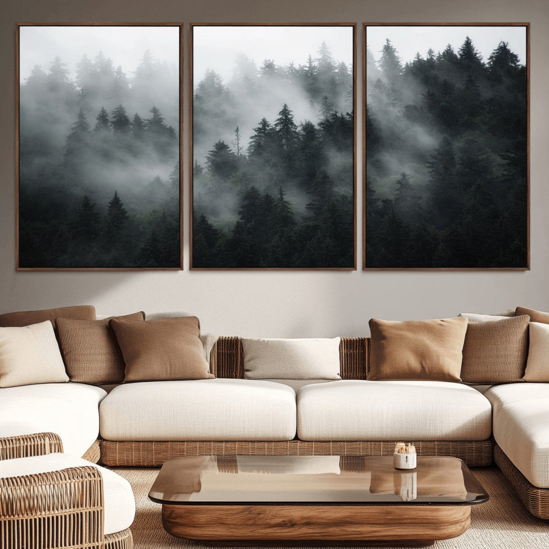 Foggy Forest Wall Art Canvas Print | 3 Panel Large Misty Landscape