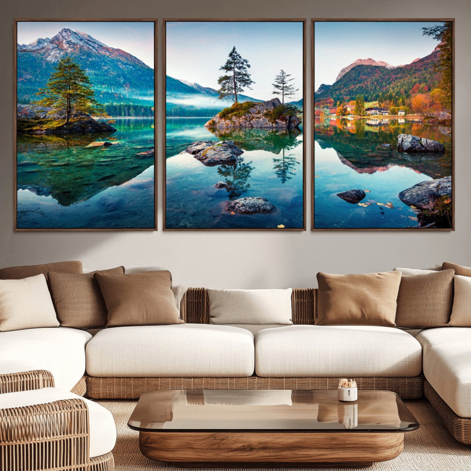 55009-MGV-CV-36X24-Crystal Clear Lake Wall Art | Mountains Wall Art Canvas | 3 Panel Large Landscape Print for Dining