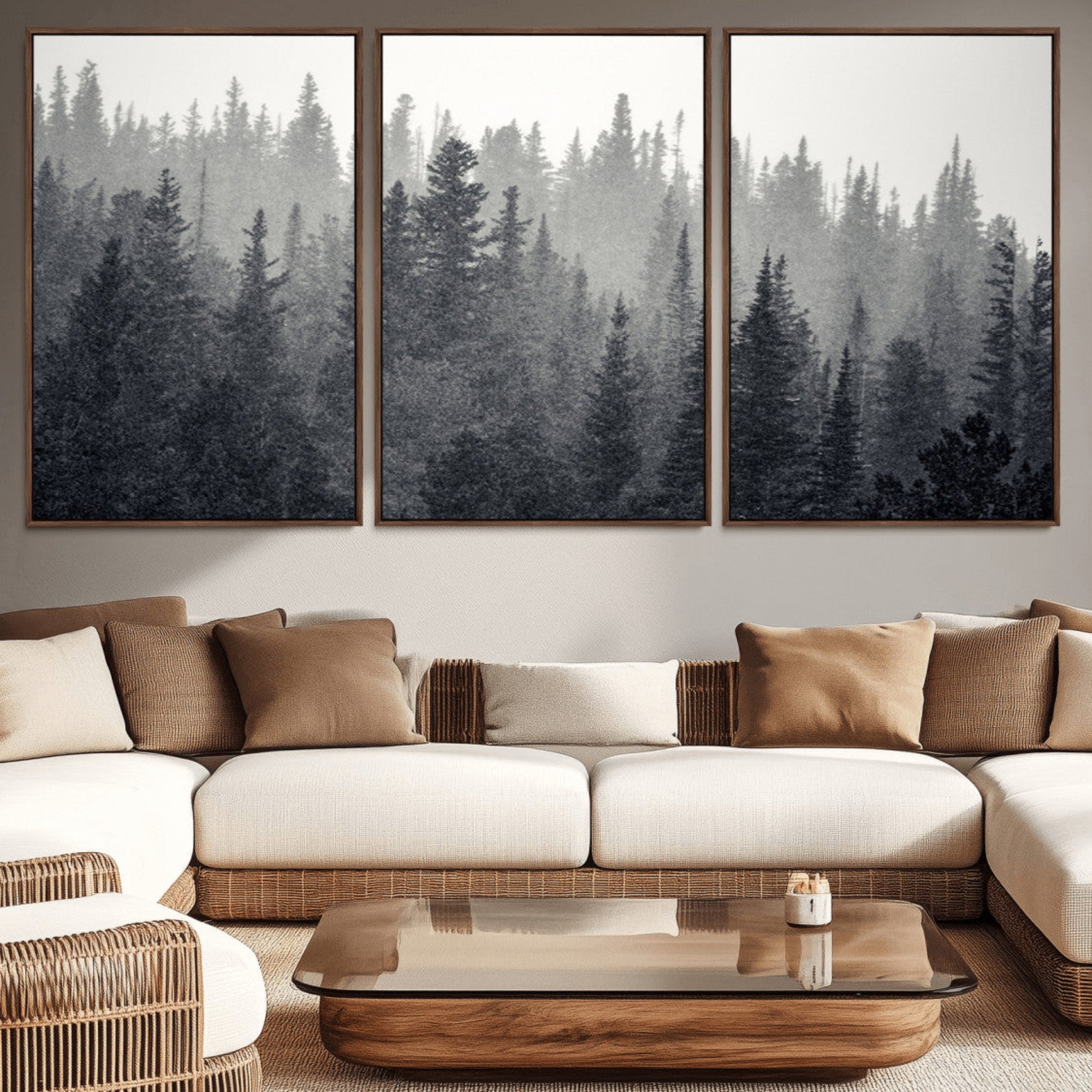 92450-MGV-CV-36X24-Misty Forest Canvas Wall Art – Monochrome Triptych Pine Tree Print – Nature-Inspired Home Decor –