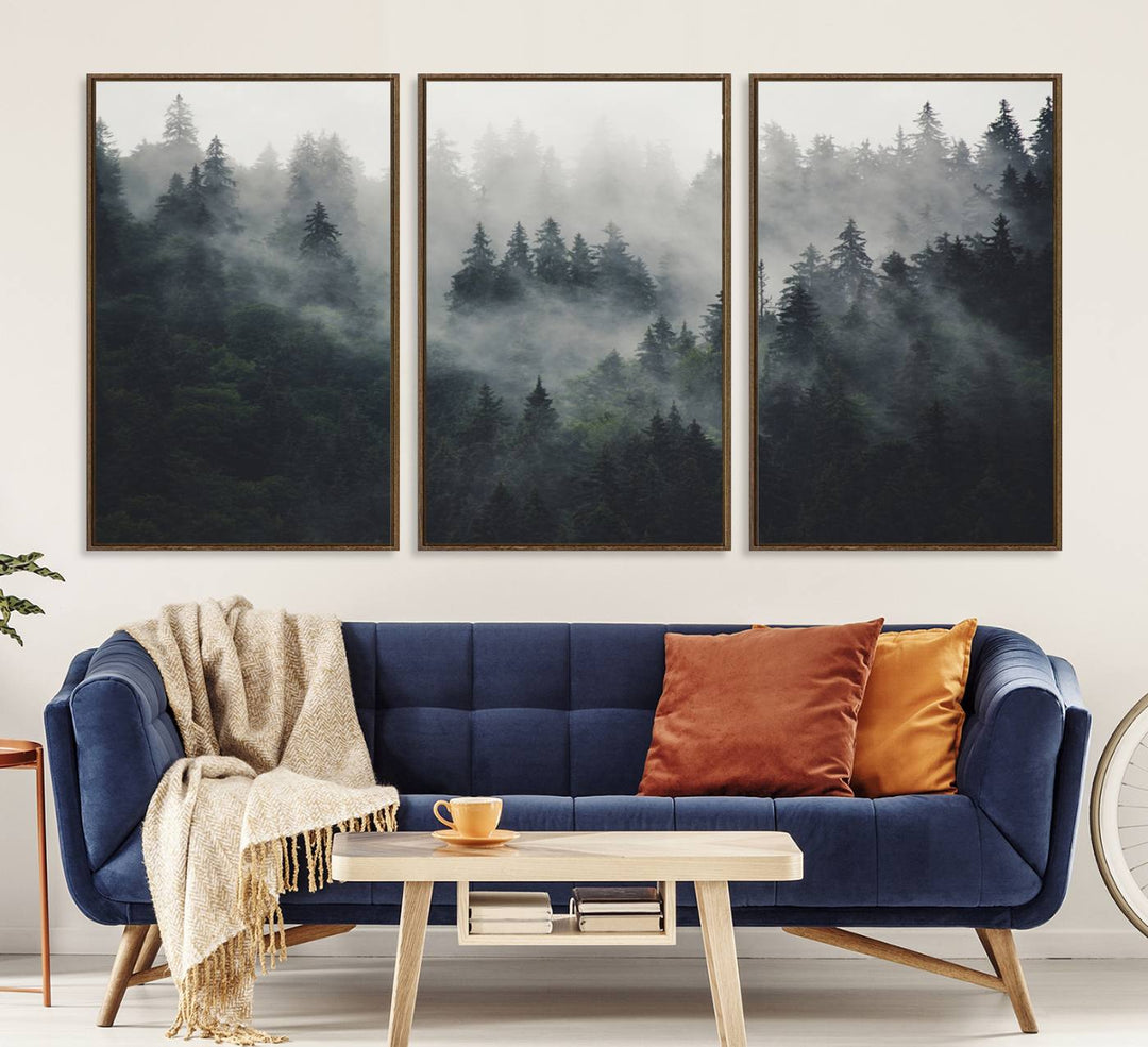 The Serene Triptych Print features tall evergreens, creating a mysterious and calming atmosphere.