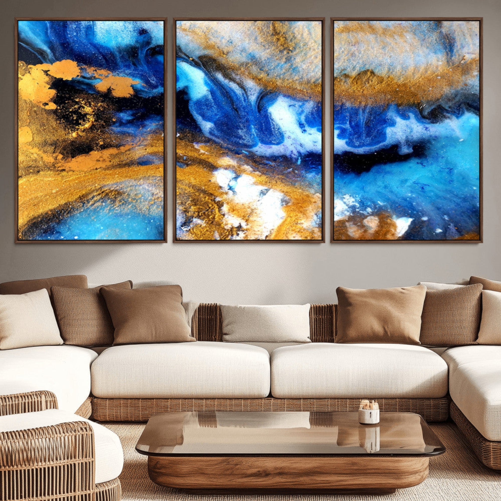42100-MGV-CV-36X24-Blue Orange Marble Fluid Effect Canvas Wall Art Print