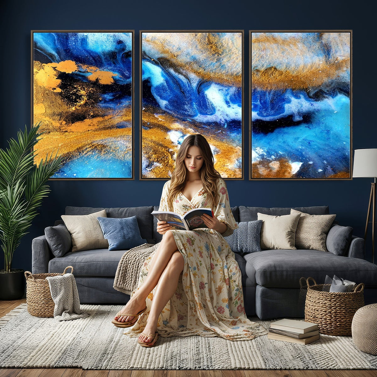 42100-_Poster-30x20 - Large Abstract Wall Art Print | Gold and Blue Abstract Canvas Wall Art