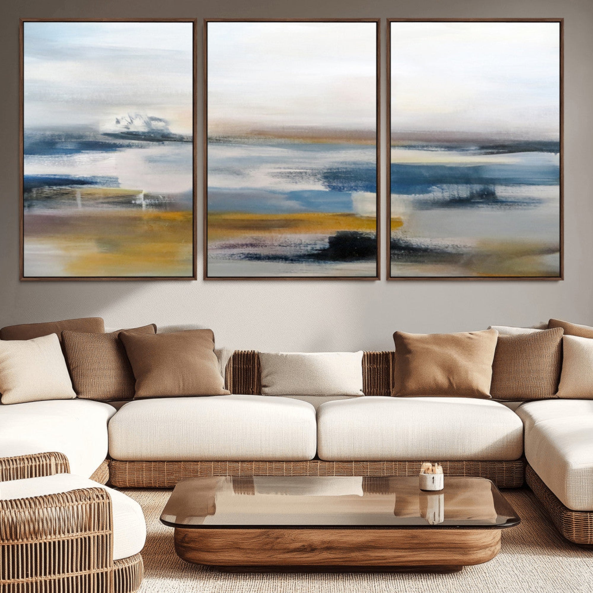 95919-MGV-CV-36X24-Abstract Landscape Wall Art Canvas | 3 Panel Modern Blue, Gold, and White Canvas Art for Living