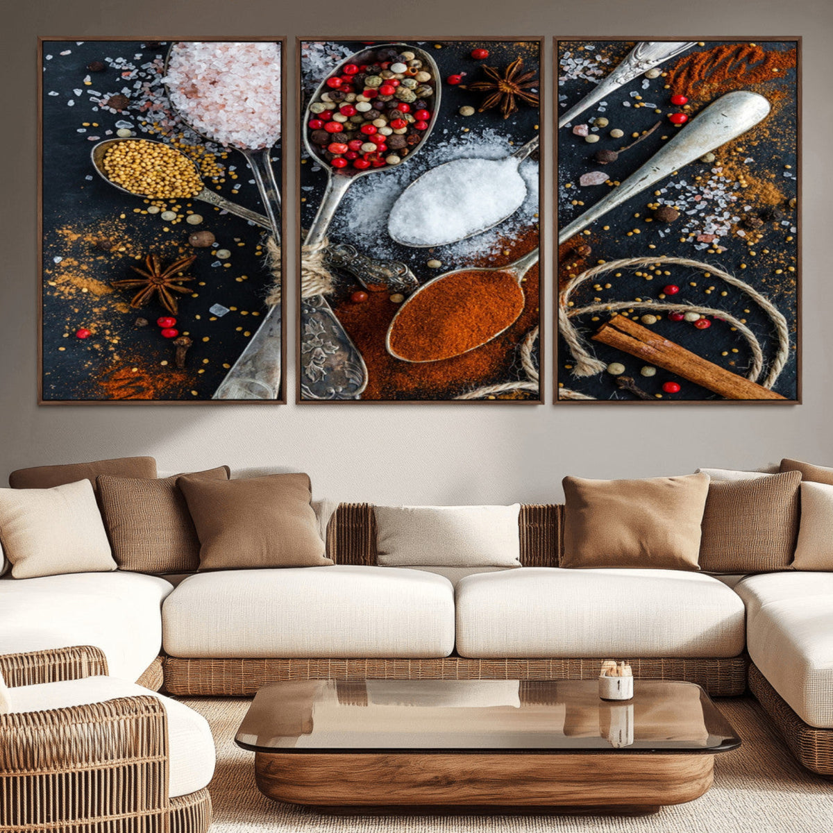 3 panels condiments in the kitchen wall art canvas... Spices and Seasonings Canvas Wall Art – Colorful Triptych Kitchen ...