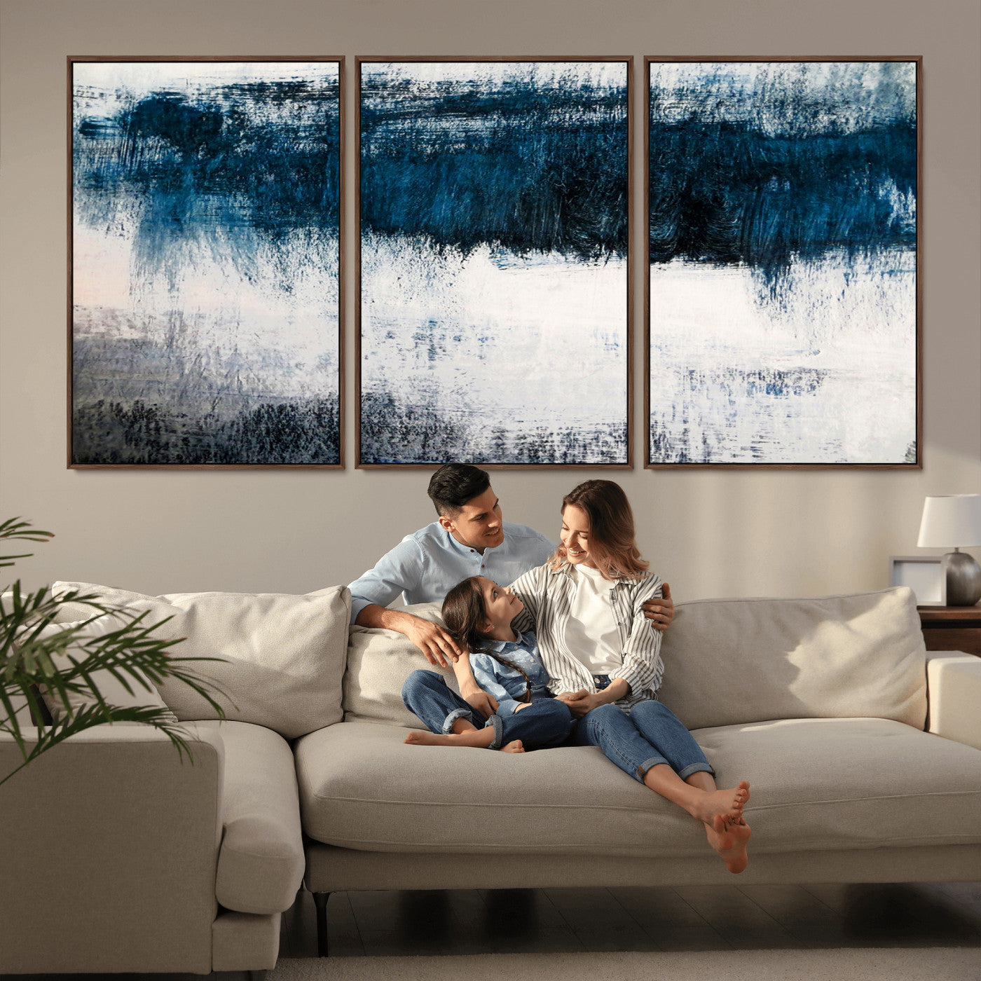 38954-MGV-FC-60X30-3P_Walnut-Abstract Blue and White Canvas Art | Large Wall Art for Modern Living Room Decor | Minimalist Brushstroke Painting on Canvas