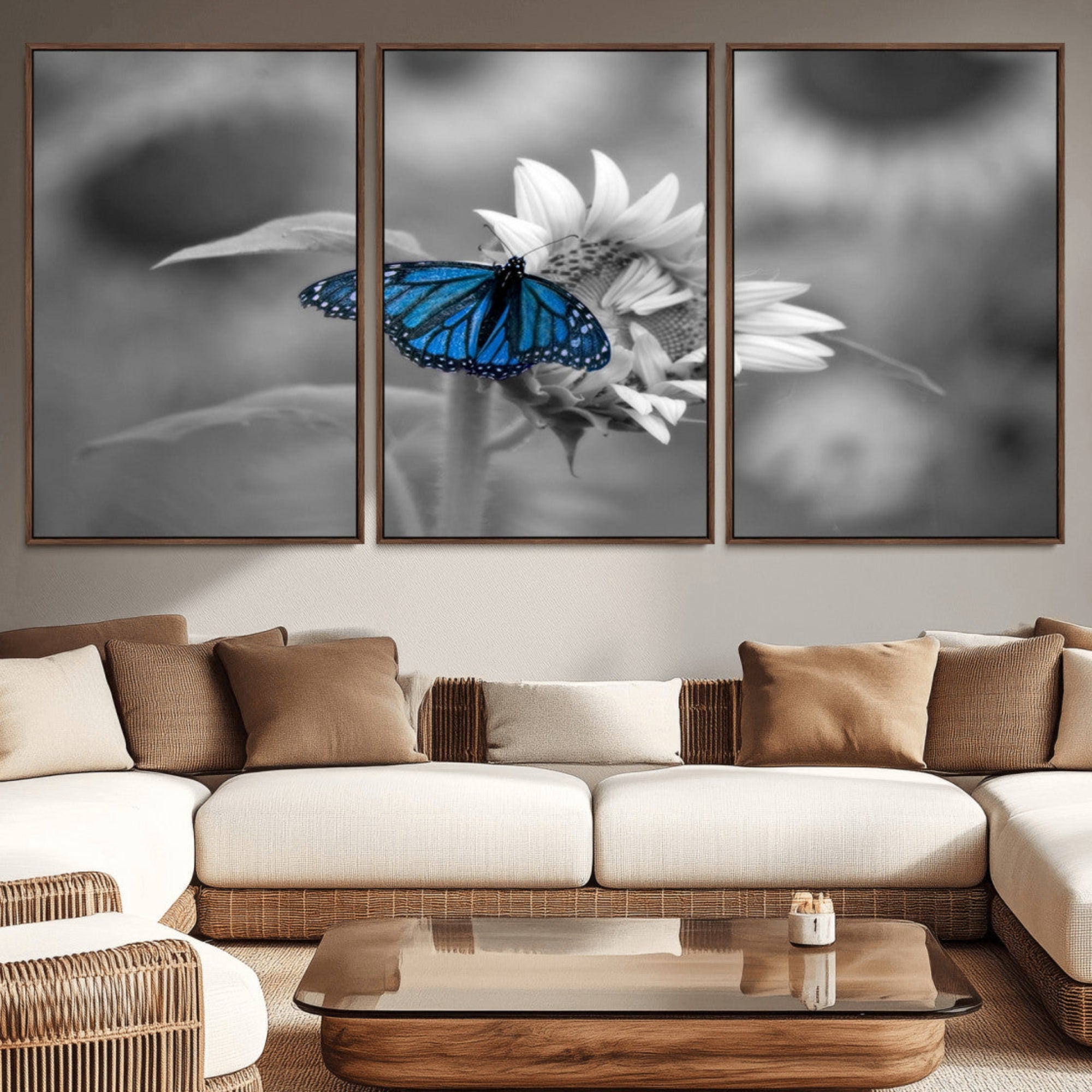 41965-MGV-CV-36X24-Blue Butterfly Black and White Canvas Wall Art
