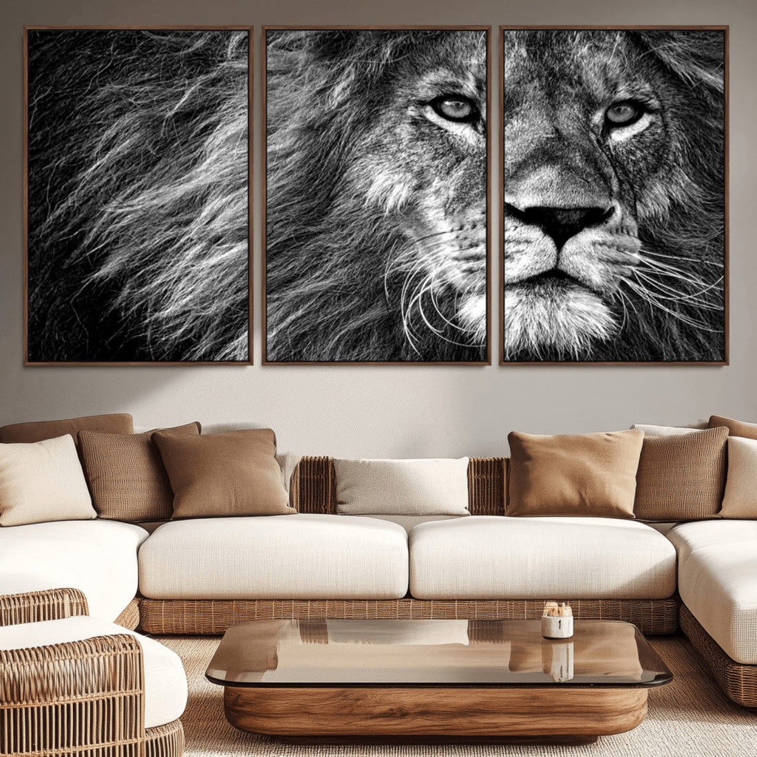 Black and White Lion Canvas Wall Art Print | Wildlife Portrait