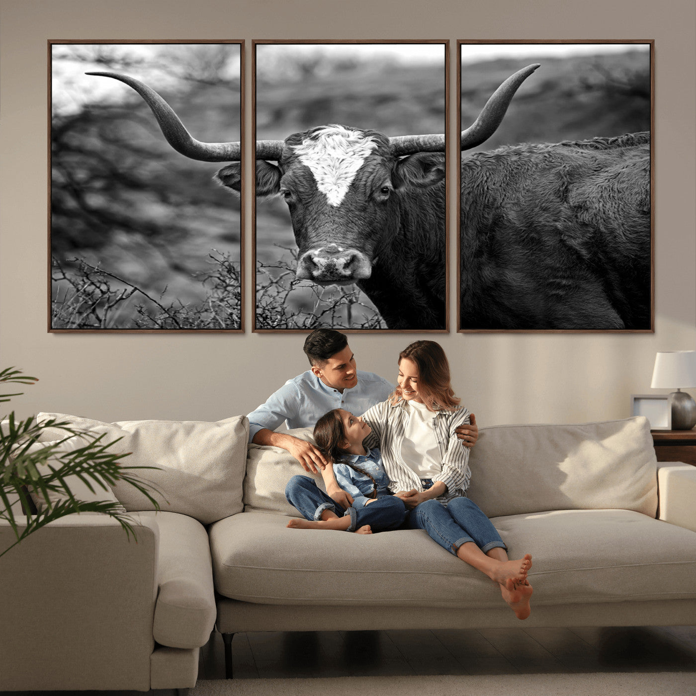 76200-MGV-FC-60X30-3P_Walnut-Western Home Wall Art Canvas Print, Framed Texas Longhorn Art Picture Print, Rustic Cow Perfect Rustic Farmhouse Decor Artwork