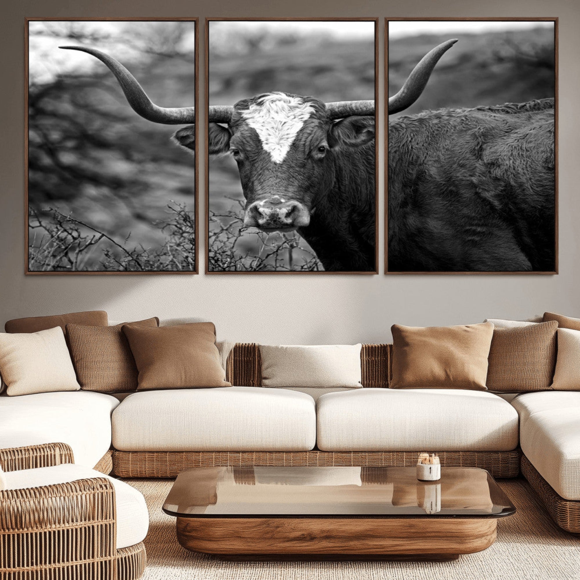 76200-MGV-CV-36X24-Western Home Wall Art Canvas Print, Framed Texas Longhorn Art Picture Print, Rustic Cow Perfect Rustic Farmhouse Decor Artwork