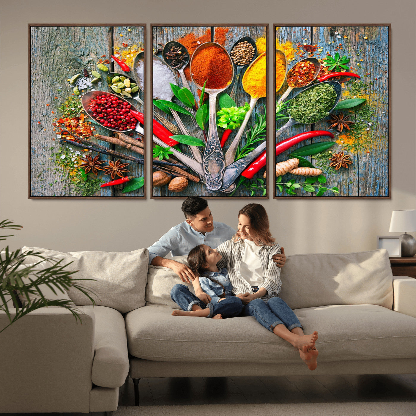 20619-MGV-FC-60X30-3P_Walnut-Spoonful of Spices Cooking Wall Art Canvas Print - Vibrant Kitchen Decor Triptych – Culinary Art Print for Dining Room or Kitchen – Ready to
