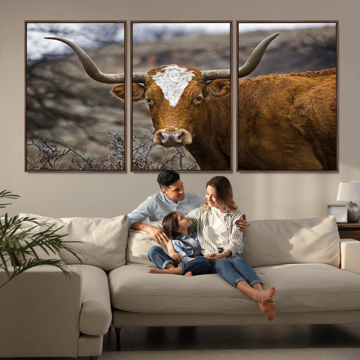 MGV-FC-60X30-3P - Texas Longhorn Canvas Wall Art - Longhorn Steer Canvas Wall Art Print- Rustic Western Animal Print,