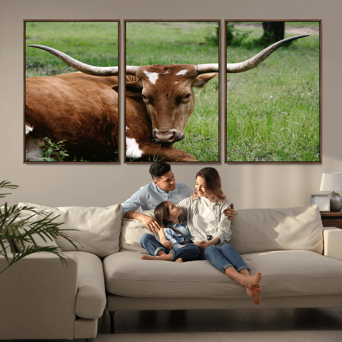 45997-MGV-FC-60X30-3P_Walnut-Longhorn Steer Canvas Wall Art – Rustic Nature Triptych Decor for Living Room or Office – Ready to Hang