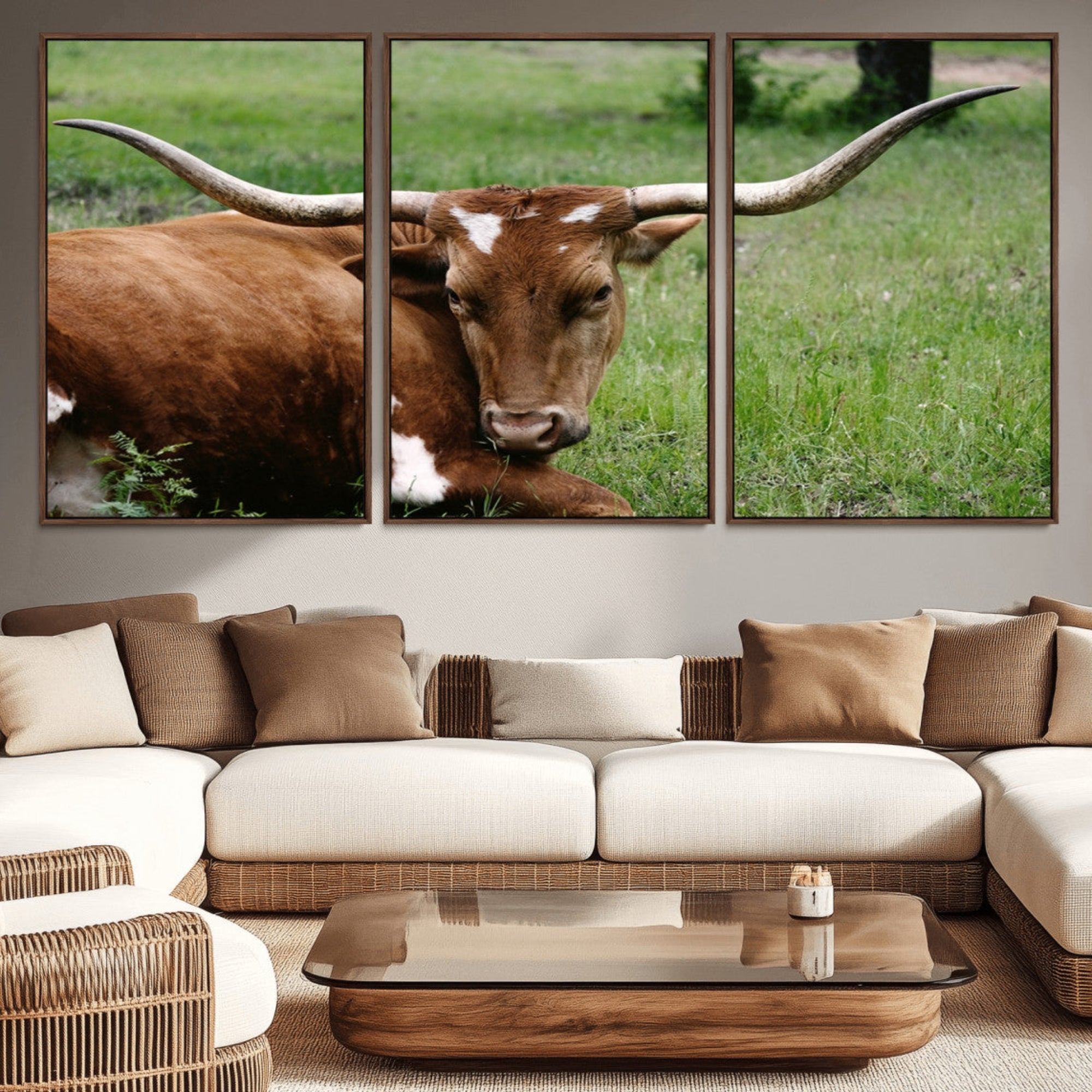 45997-MGV-CV-36X24-Longhorn Steer Canvas Wall Art – Rustic Nature Triptych Decor for Living Room or Office – Ready to