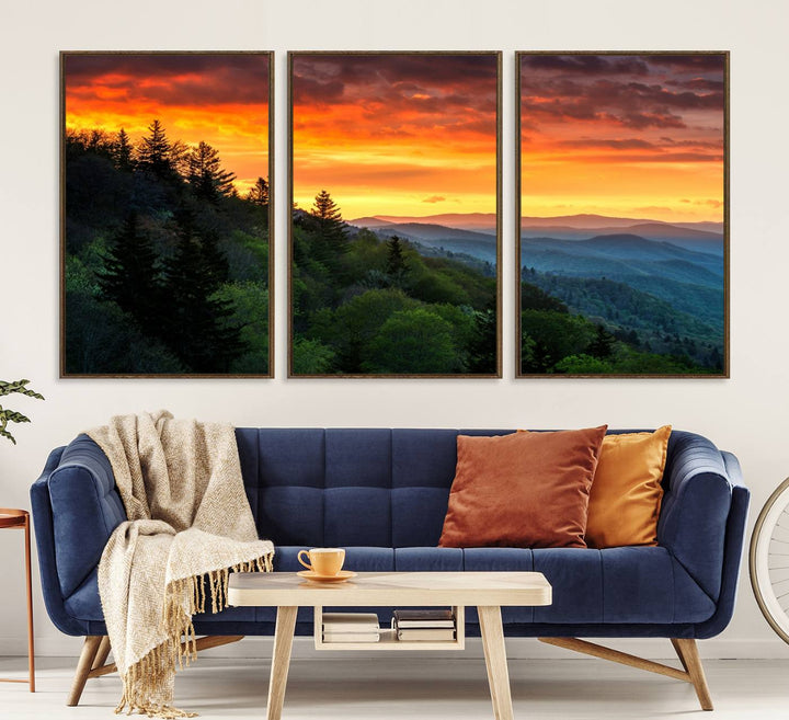 The Great Smoky Mountains Sunset Wall Art, a 3-panel print, beautifully captures natures beauty and is perfect for living room or office decor.