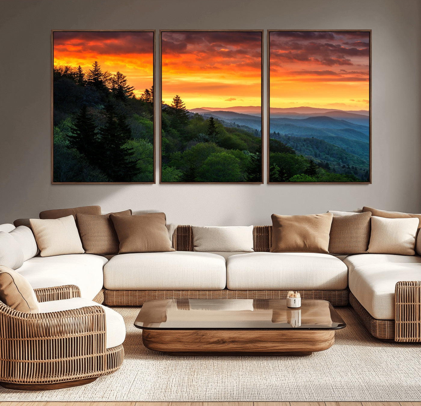 MGV-FC-60X30-3P - Great Smoky Mountains Sunset Wall Art Canvas Print | 3 Panel Large Nature Landscape Photography for