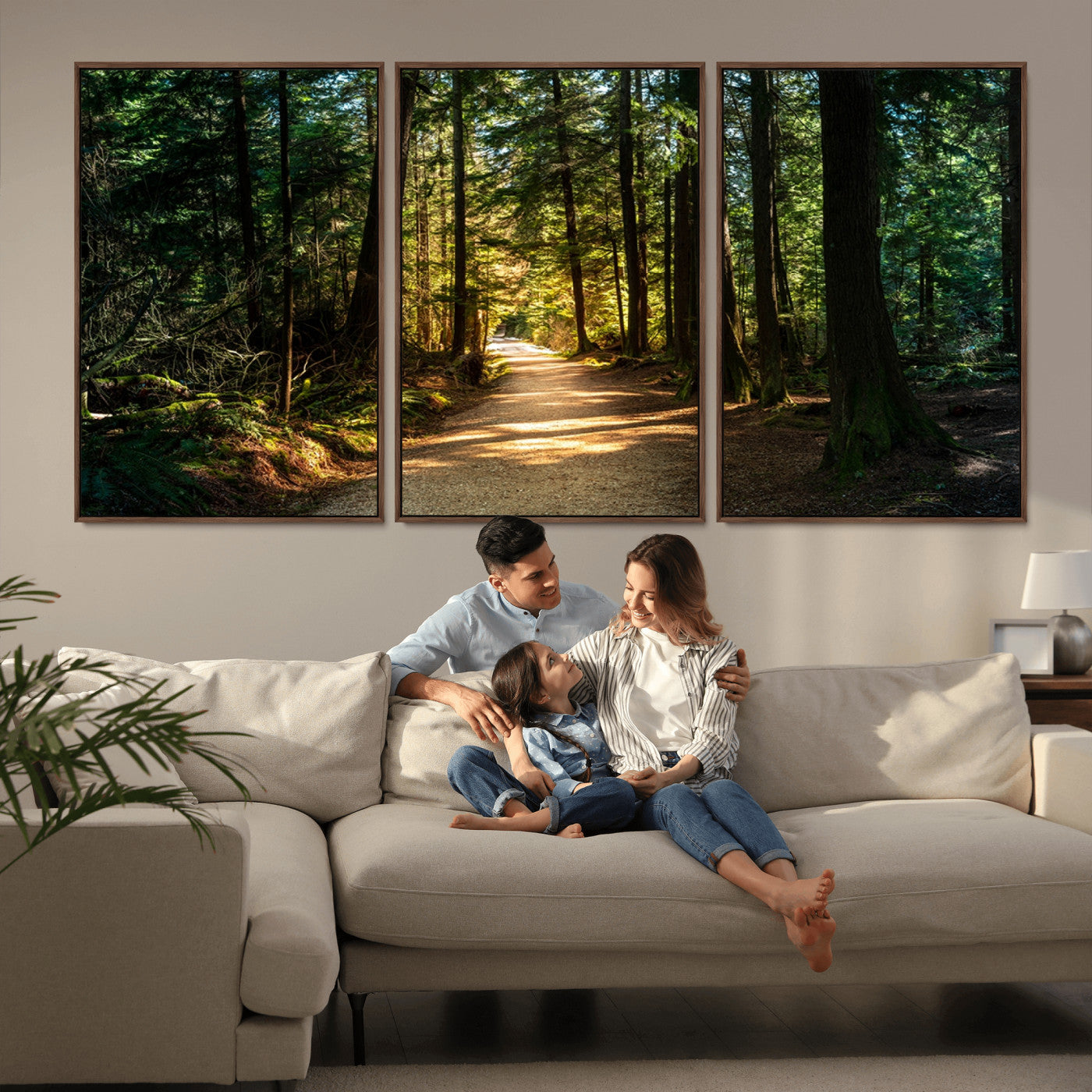 51762-MGV-FC-60X30-3P_Walnut-Sunlit Forest Pathway Canvas Print | 3 Panel Large Nature Wall Art for Living Room, Office, or Modern Space | Tranquil Scenic Forest, Ready