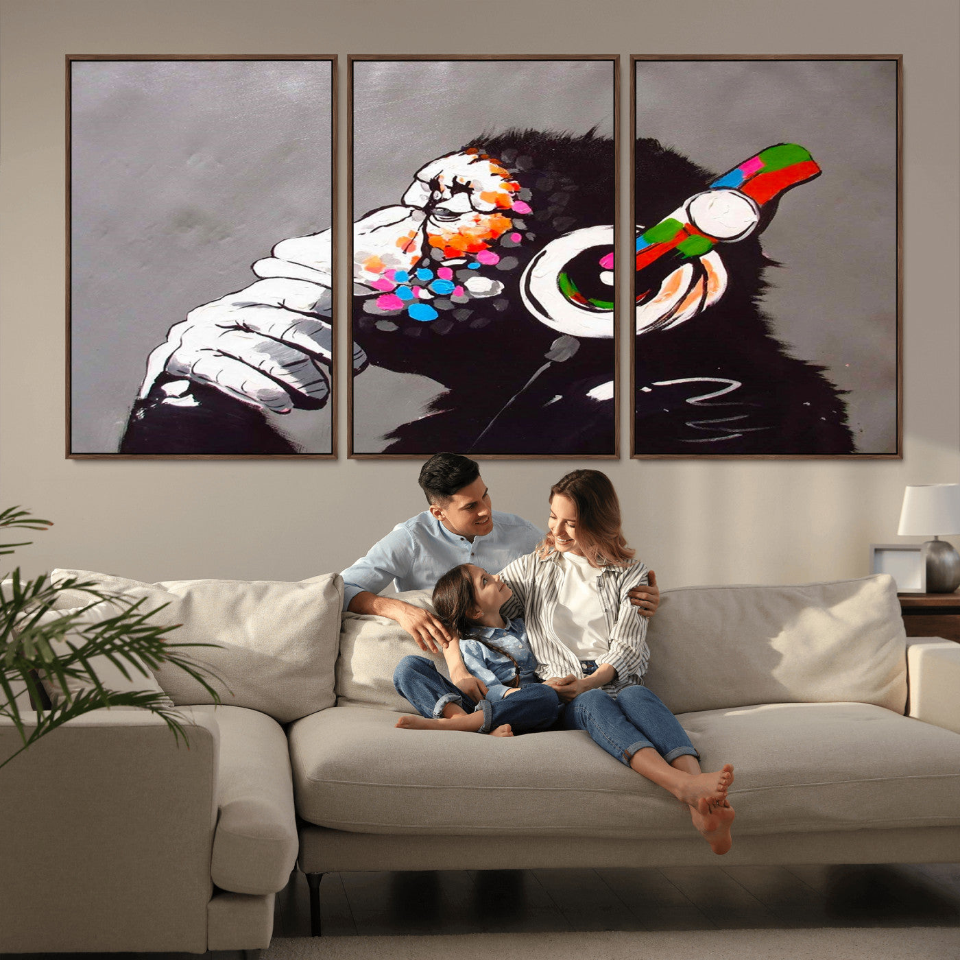 MGV-FC-60X30-3P - Dj Monkey Listening to Music Wall Art Print | Banksy Monkey Large Canvas Print for Living Room,