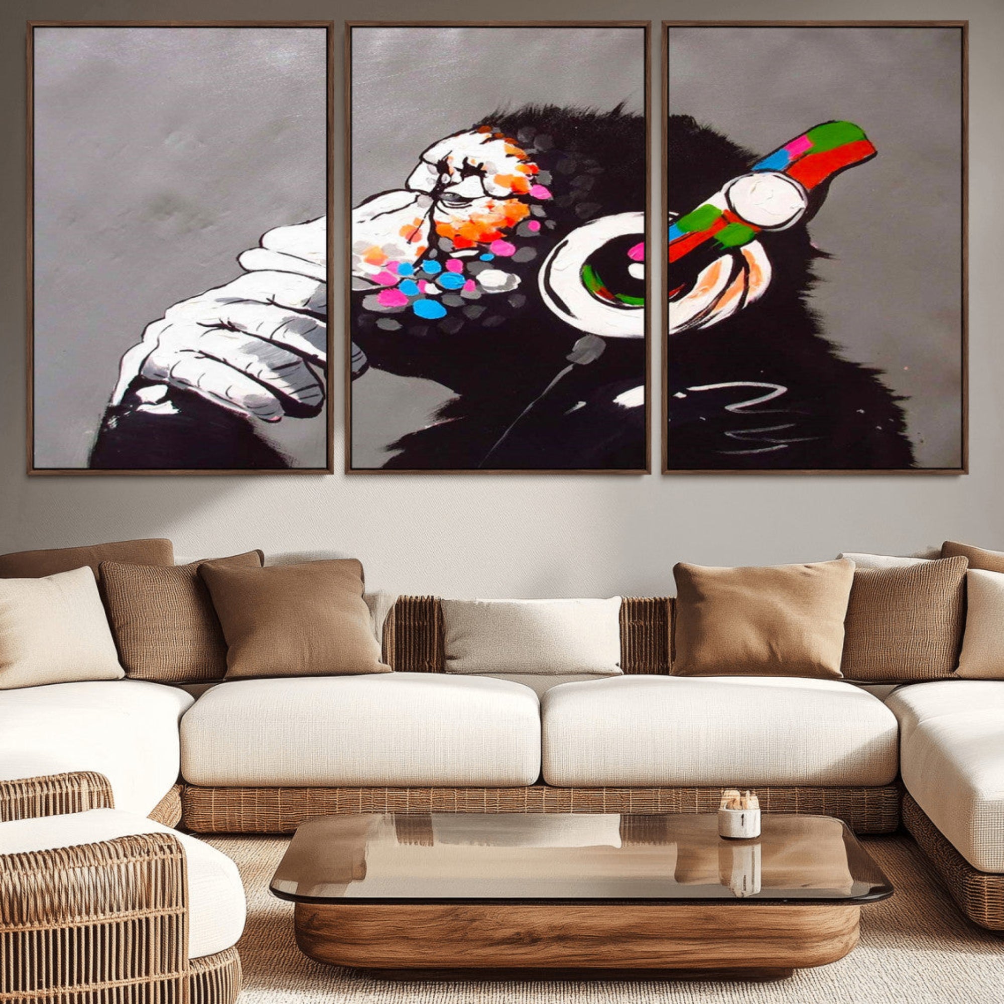 56887-MGV-CV-36X24-Dj Monkey Listening to Music Wall Art Print | Banksy Monkey Large Canvas Print for Living Room,