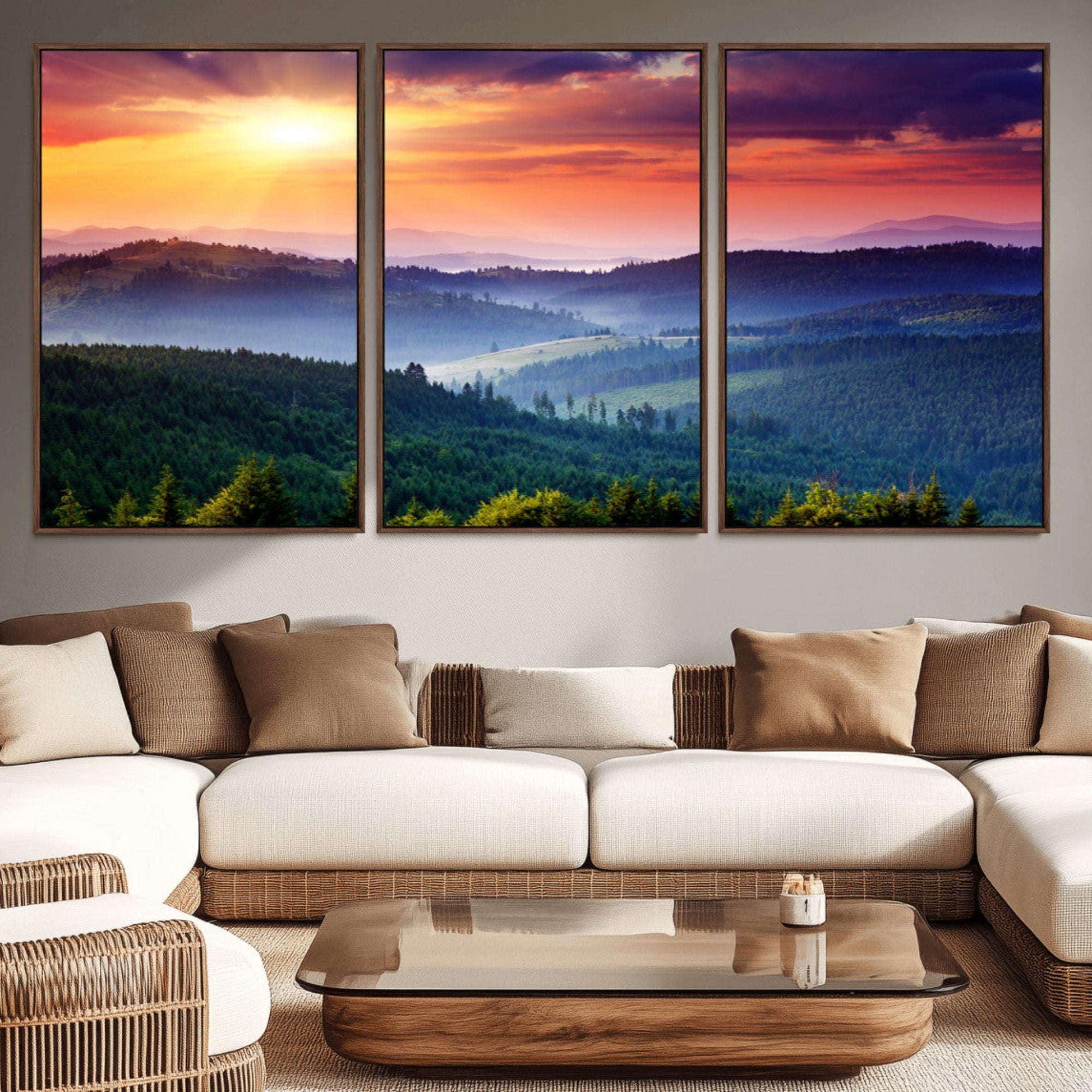 86411-MGV-CV-36X24-Beautiful Sunset over Hills Forest Landscape Canvas Wall Art Print