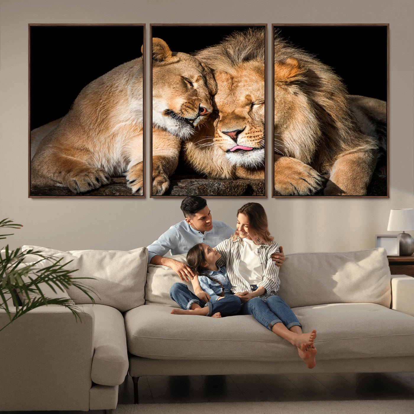 MGV-FC-60X30-3P - Lion and Lioness Wall Art Print Canvas | 3-Panel African Wildlife Canvas Print | Animal-Themed Art