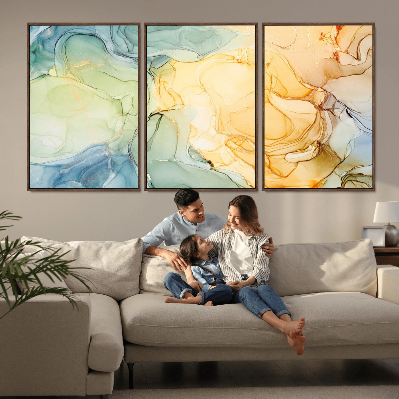 MGV-FC-60X30-3P - Green and Yellow Marble Fluid Effect Wall Art, Green and Yellow Marble Canvas Wall Art Print