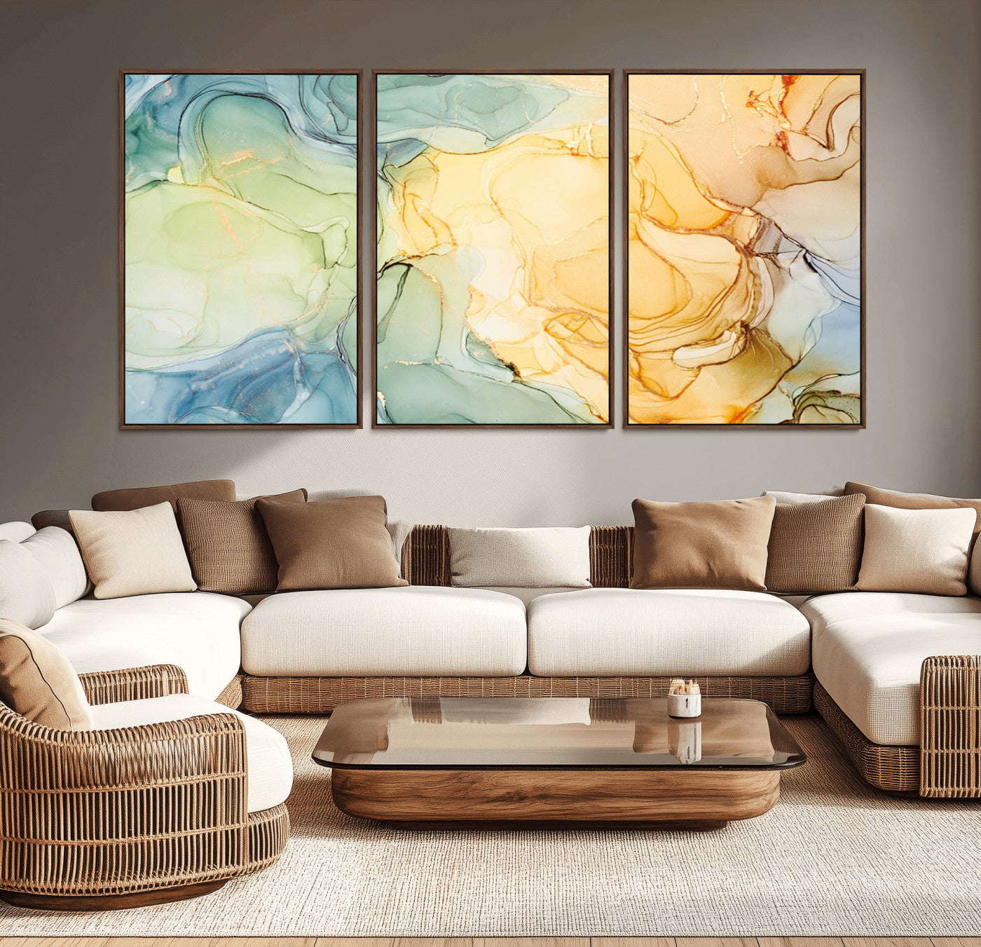 -Green and Yellow Marble Fluid Effect Wall Art, Green and Yellow Marble Canvas Wall Art Print