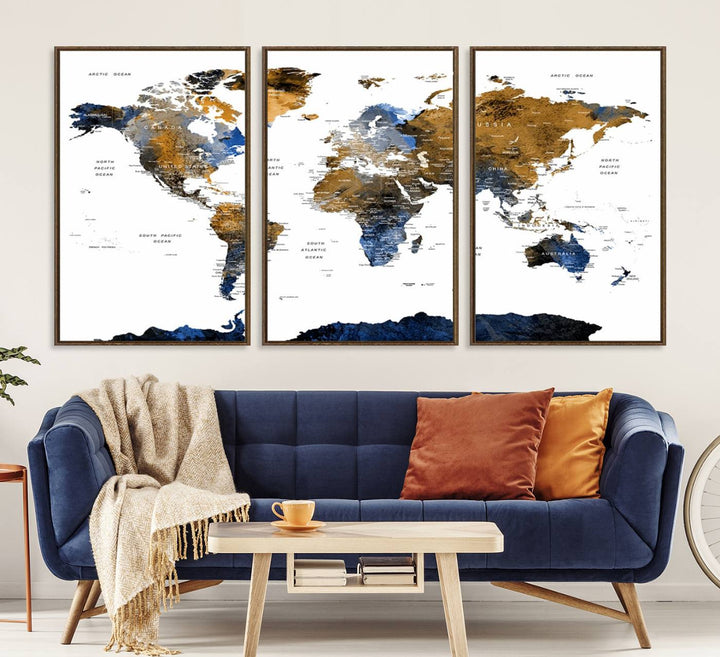 The Triptych Modern World Map Canvas in blue and brown is an ideal global decor piece for enhancing living rooms or offices. It comes ready to hang.