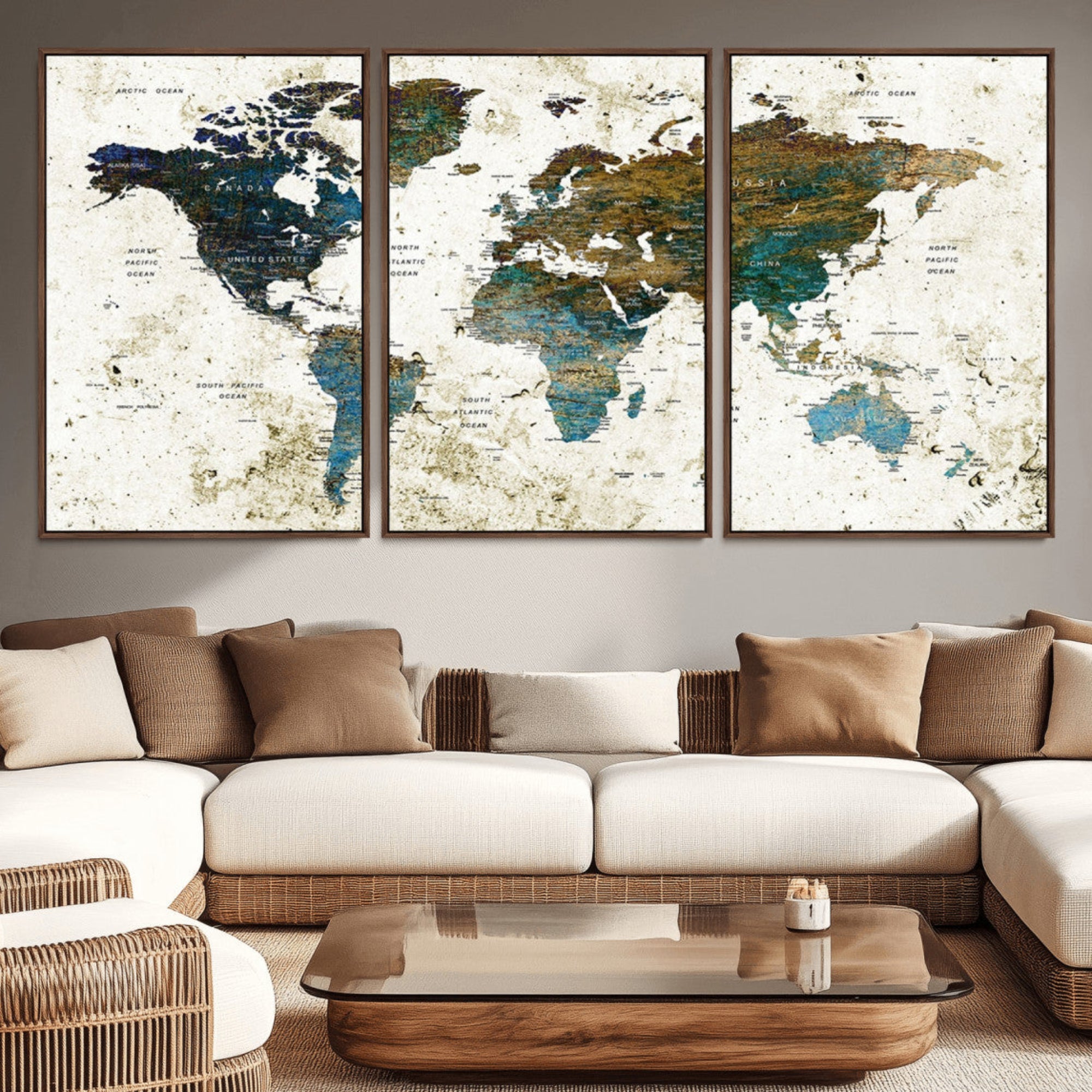 78067-MGV-CV-36X24-Vintage World Map Wall Art Canvas Print, Framed Rustic Earth Map Art Picture Print, Antique Map Perfect Rustic Vintage Decor Artwork