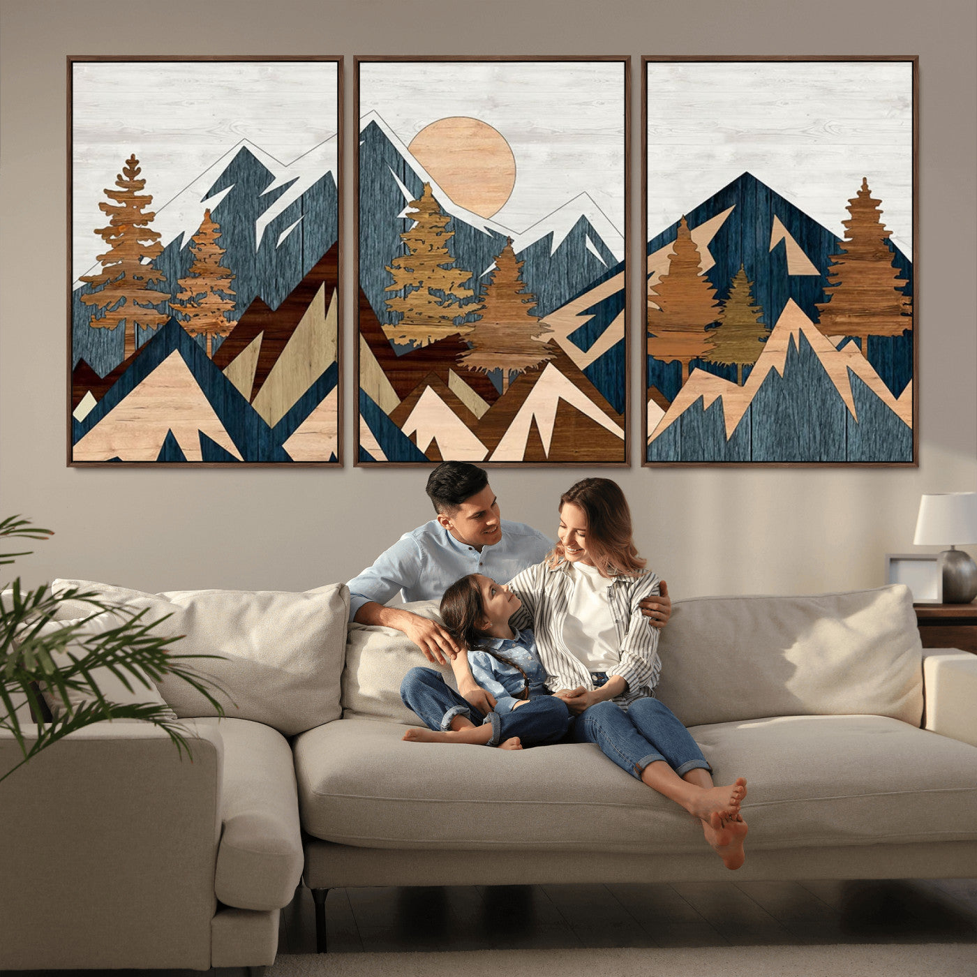 91467-MGV-FC-60X30-3P_Walnut-Abstract Wood Panel Effect Mountain Range Top Wall Art Canvas Print