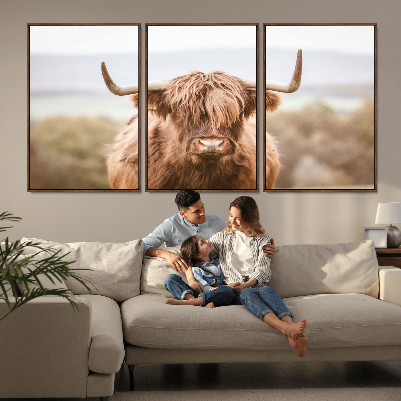 MGV-FC-60X30-3P - Scottish Serene Highland Cow Canvas Wall Art – Serene Highland Cow in Natural Pastel Tones – Ready