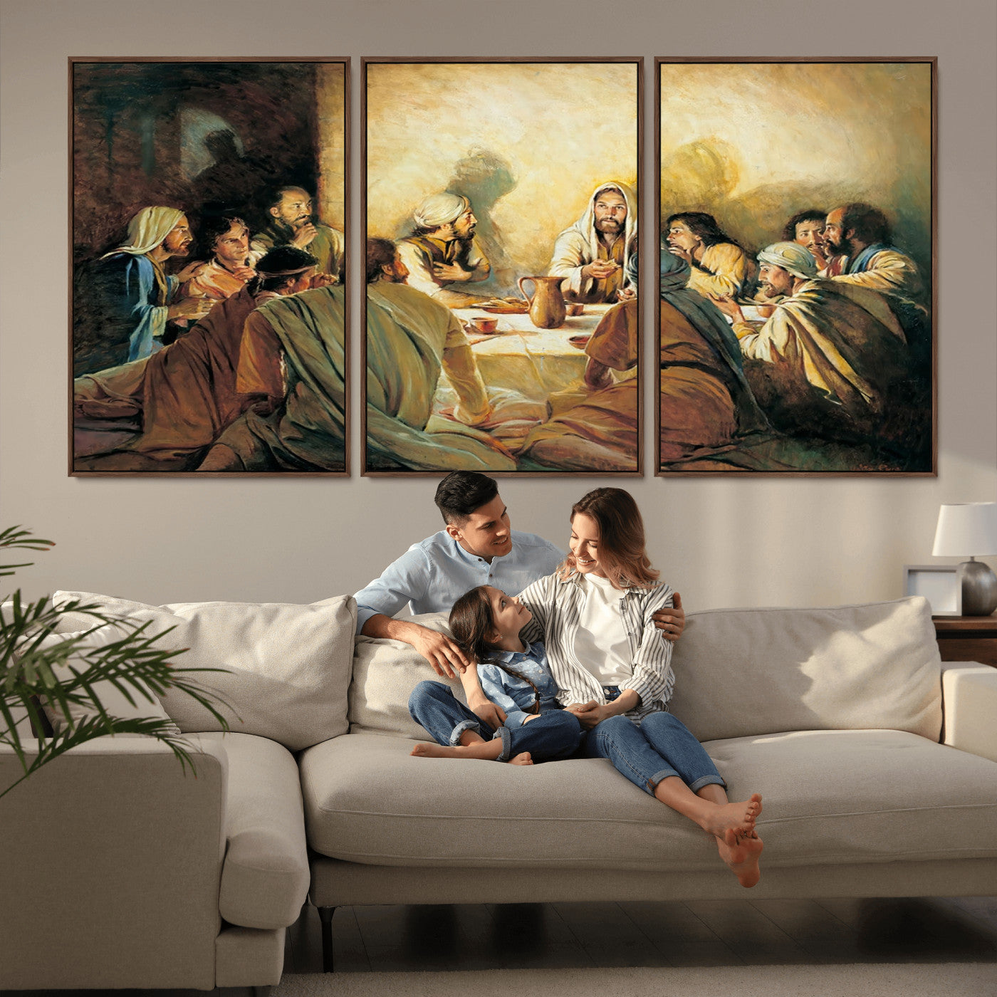 Framed canvas print of the Last Supper, depicting Jesus and his disciples, perfect for religious or Christian-themed home decor.