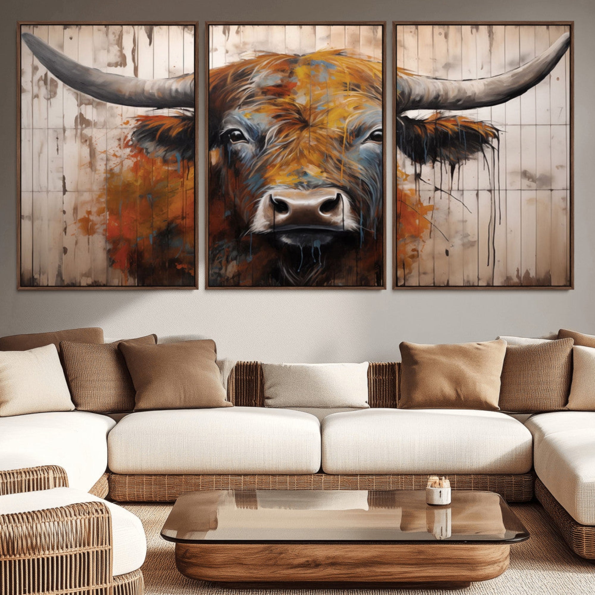 47284-MGV-CV-36X24-Abstract Bull Highland Cow Canvas Wall Art Print – Vibrant Rustic Charm in Modern Farmhouse Decor –