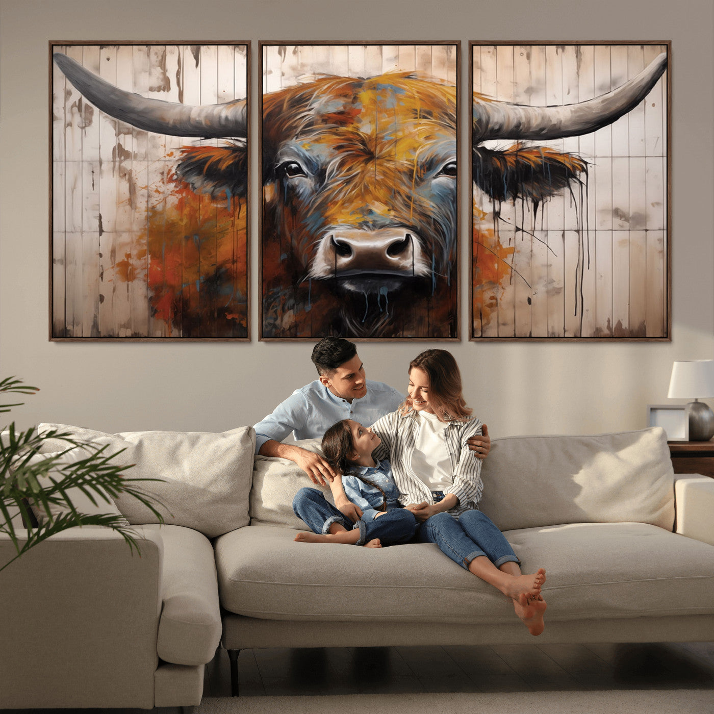 MGV-FC-60X30-3P - Abstract Bull Highland Cow Canvas Wall Art Print – Vibrant Rustic Charm in Modern Farmhouse Decor –