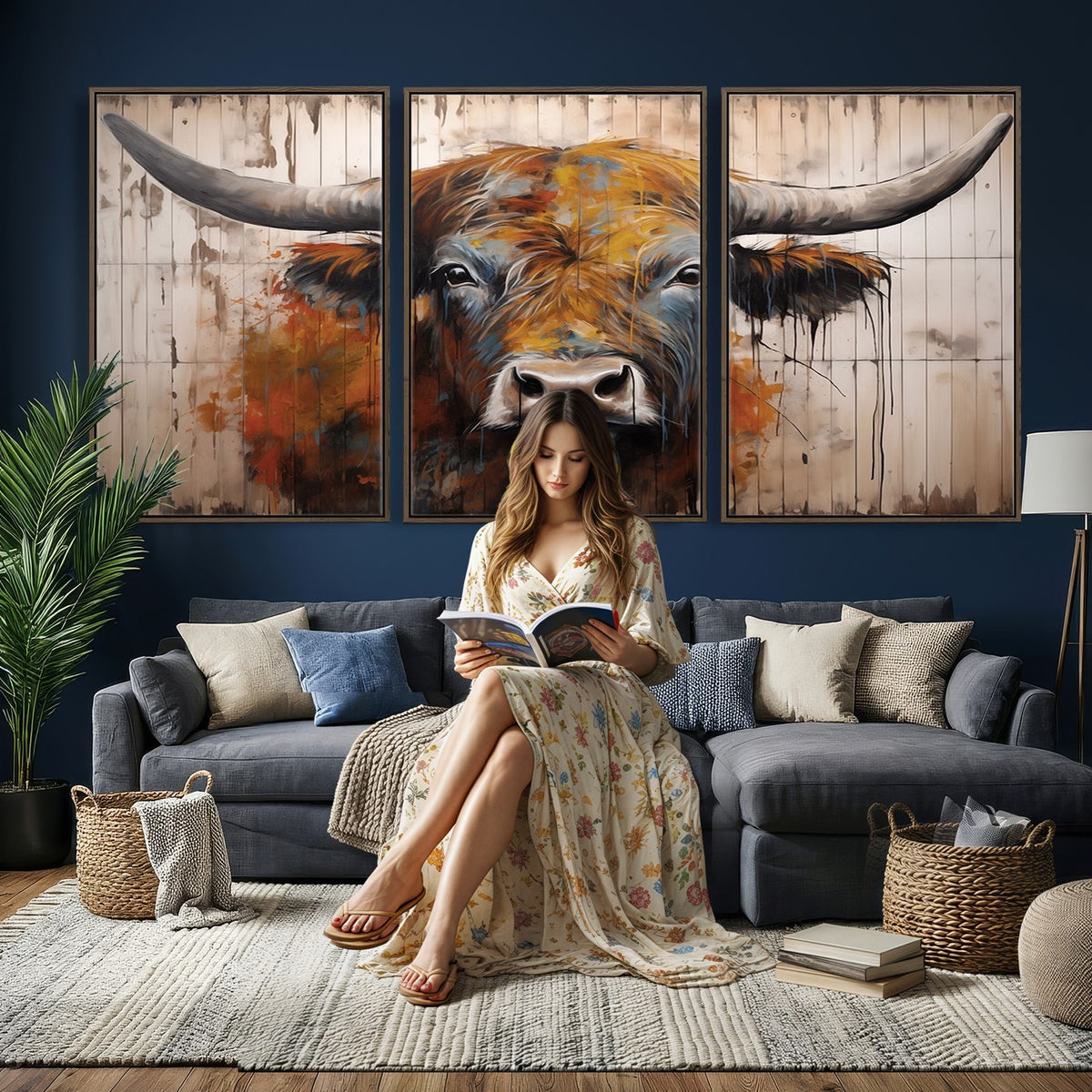 47284-MGV-CV-24X16 - Abstract Bull Highland Cow Canvas Wall Art Print