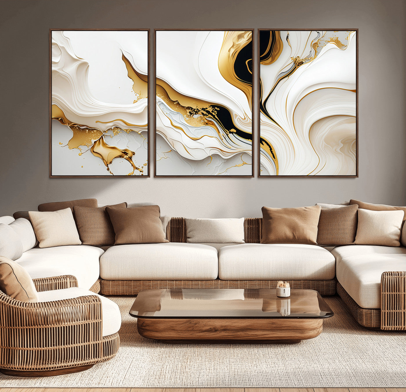 -Gold Waves on Pure White Canvas – Gold Abstract Art for Modern Interiors | Wall Art Canvas, Framed &