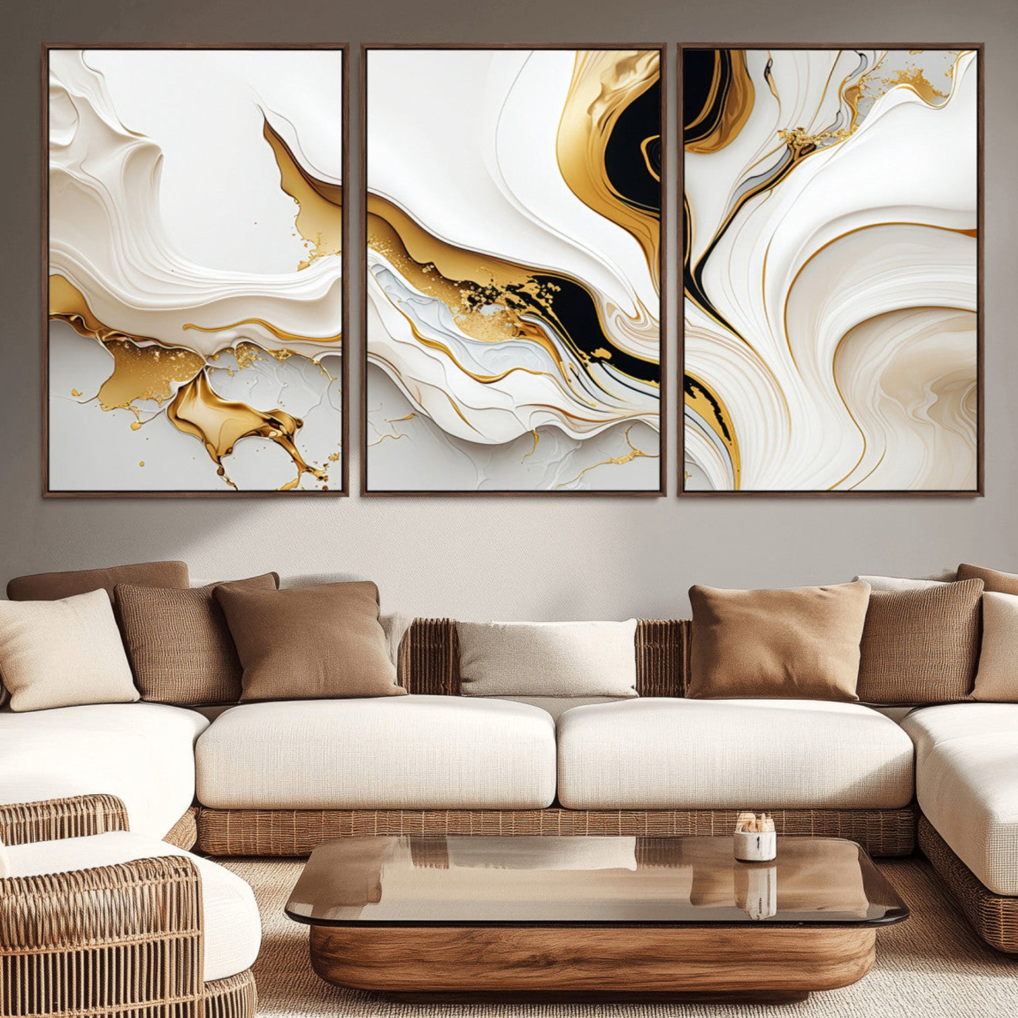 98637-MGV-CV-36X24-Gold Waves on Pure White Canvas – Gold Abstract Art for Modern Interiors | Wall Art Canvas, Framed &