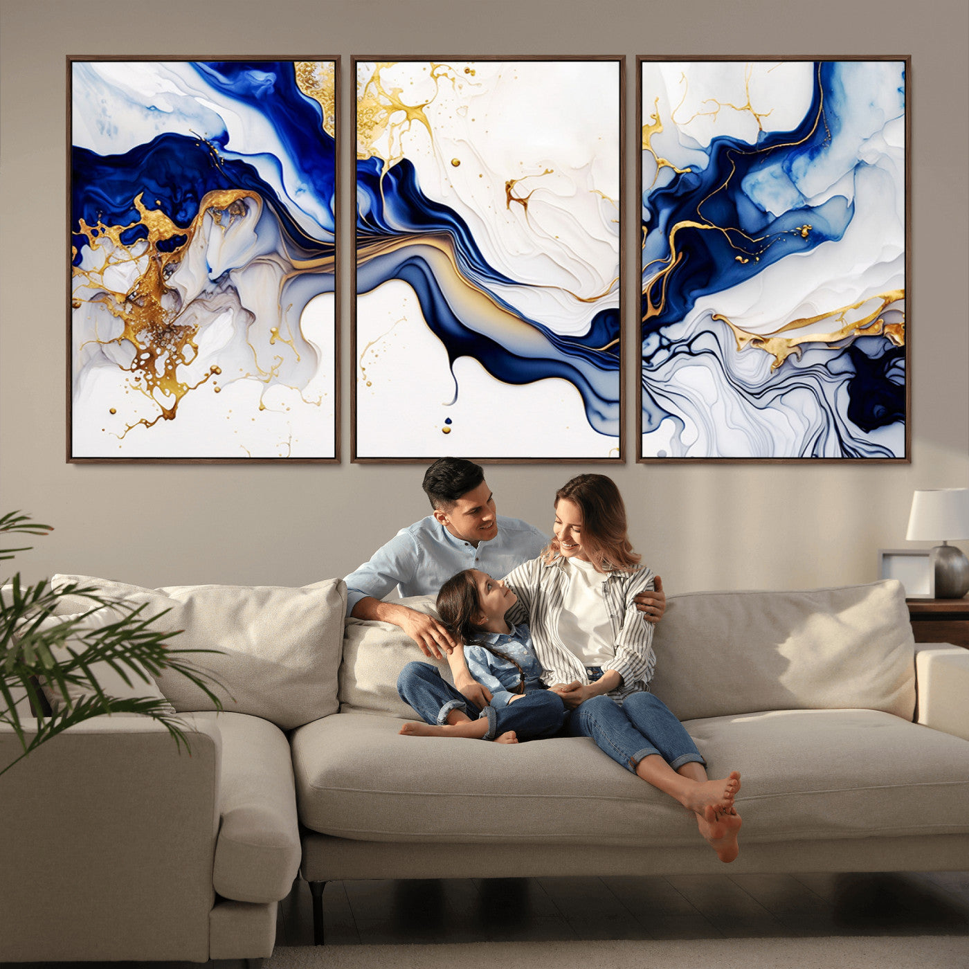 MGV-FC-60X30-3P - Golden Cascades on Midnight Blue – Deep Blue Abstract Wall Art Flowing Elegance | Wall Art Canvas,