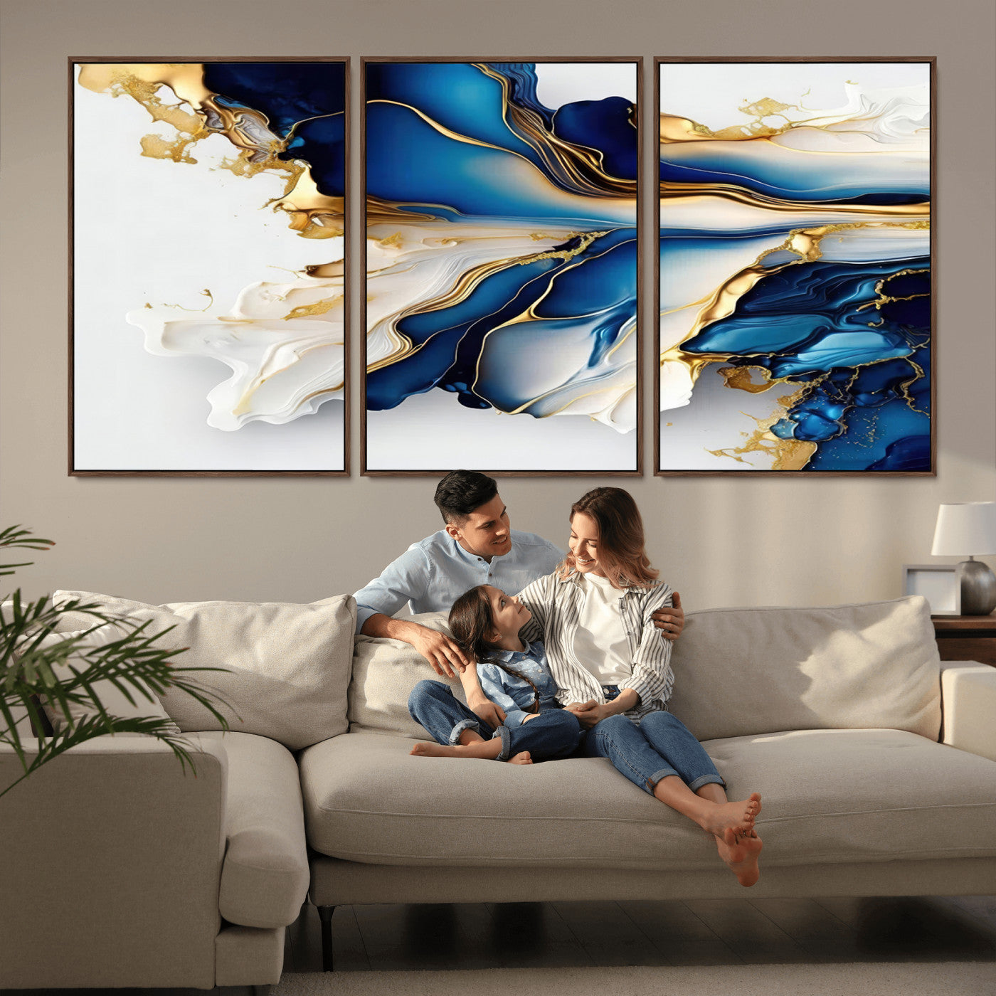 MGV-FC-60X30-3P - Gold Marble Art - Abstract Geode Gold And Blue Marble Shape 3 Pieces Wall Art Canvas Print