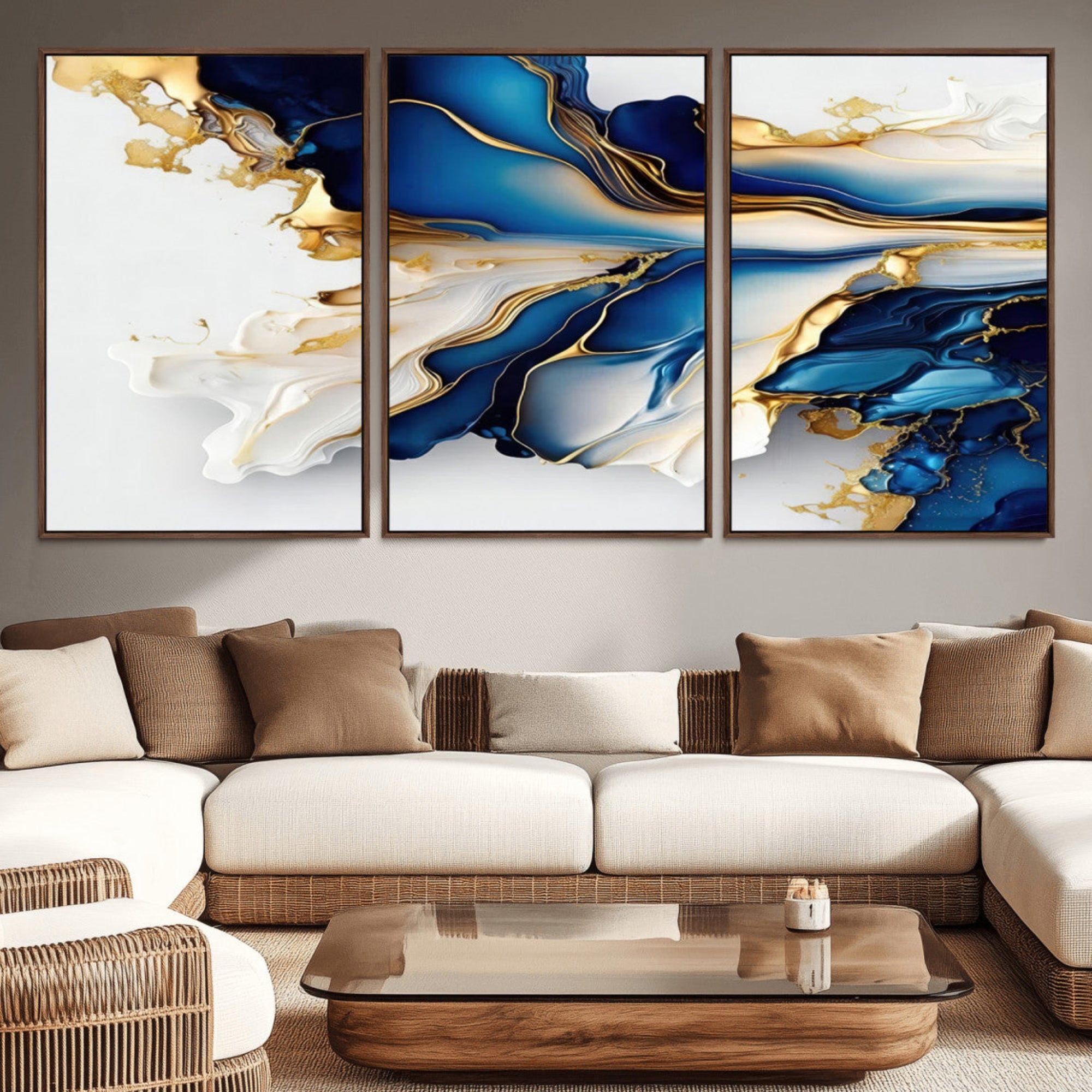 65693-MGV-CV-36X24-Gold Marble Art - Abstract Geode Gold And Blue Marble Shape 3 Pieces Wall Art Canvas Print
