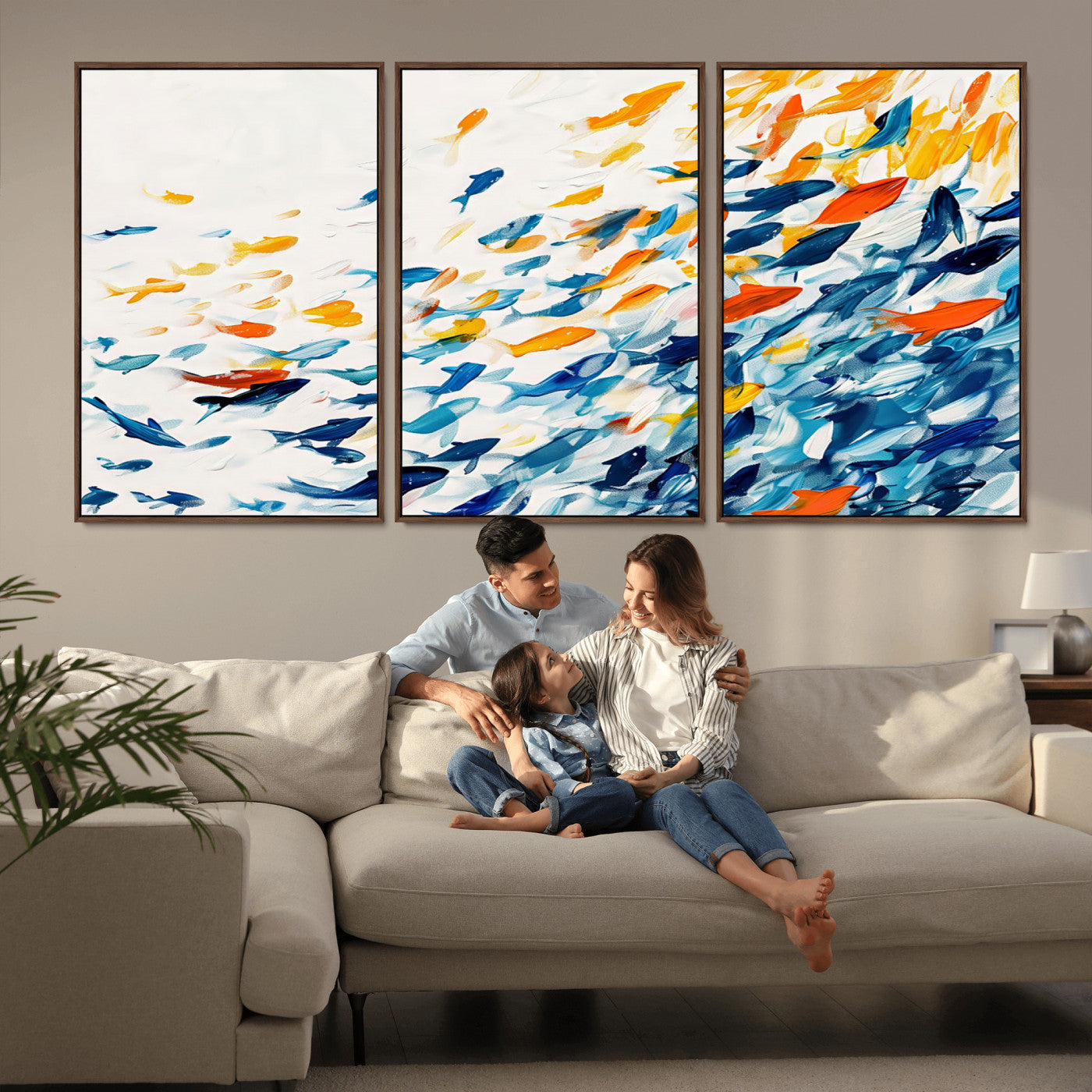 MGV-FC-60X30-3P - Abstract Fish Shoal Wall Art Canvas Print, Colorful Fish Herd Painting on Canvas Print, Ocean Animal