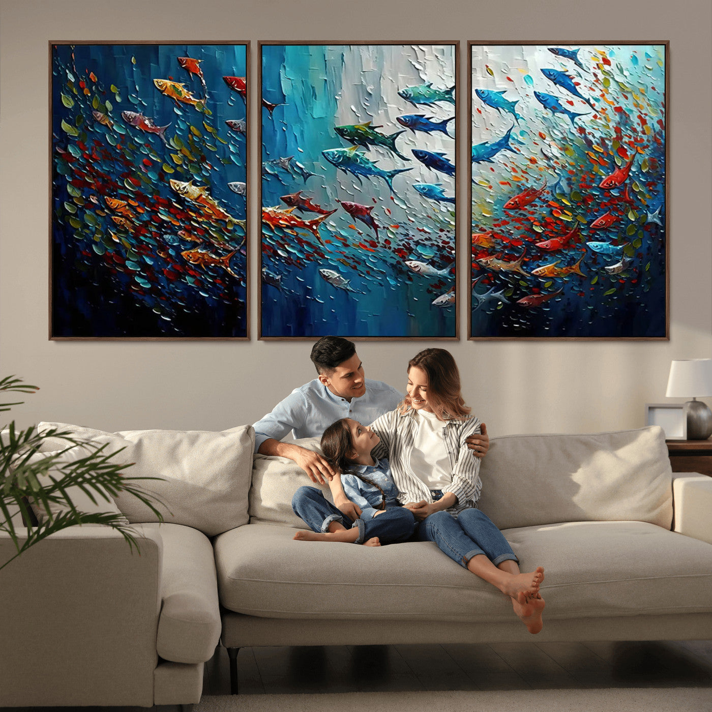 MGV-FC-60X30-3P - Modern Abstract Fish Shoal Wall Art Canvas Print, Colorful Fish Herd Painting on Canvas Print, Ocean