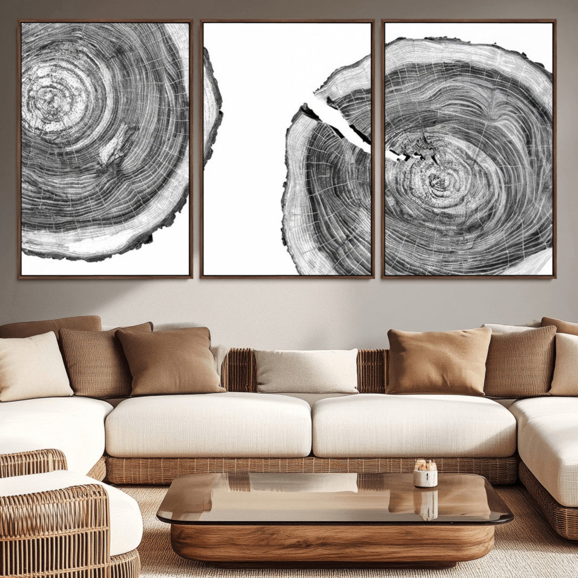23016-MGV-CV-36X24-Modern Black and White Tree Rings Canvas Wall Art – Nature Inspired Wood Slice Print – Minimalist