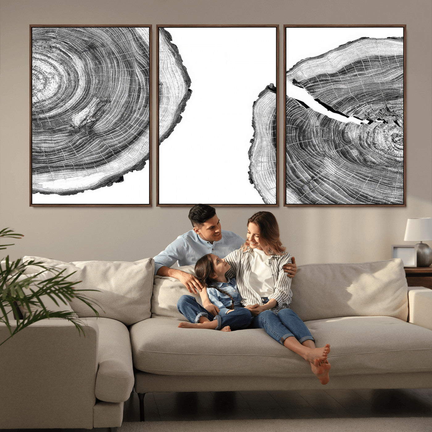 MGV-FC-60X30-3P - Abstract Large Tree Rings – Minimalist Black and White Wood Art | Triptych Canvas, Modern Wall Decor