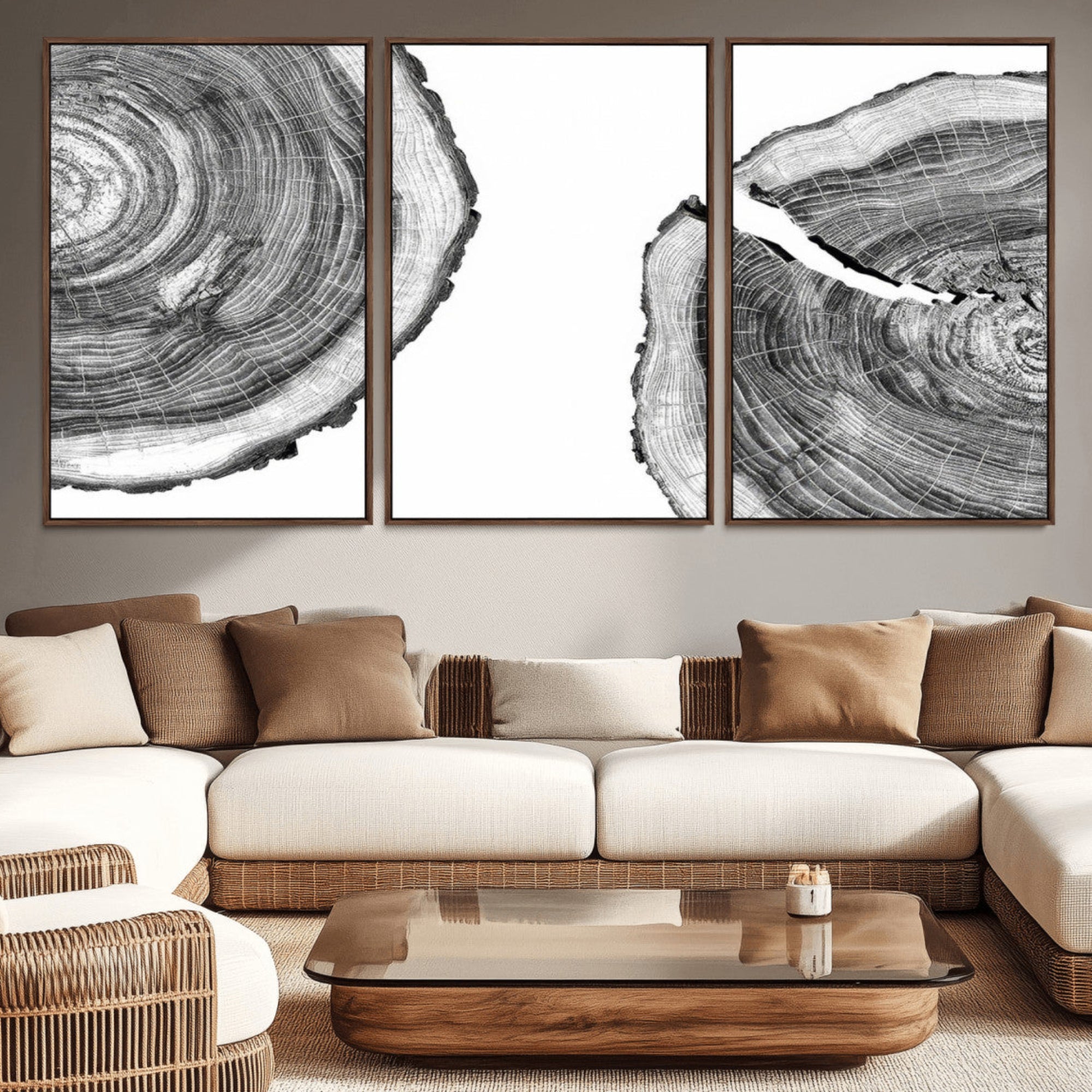 52770-MGV-CV-36X24-Abstract Large Tree Rings – Minimalist Black and White Wood Art | Triptych Canvas, Modern Wall Decor