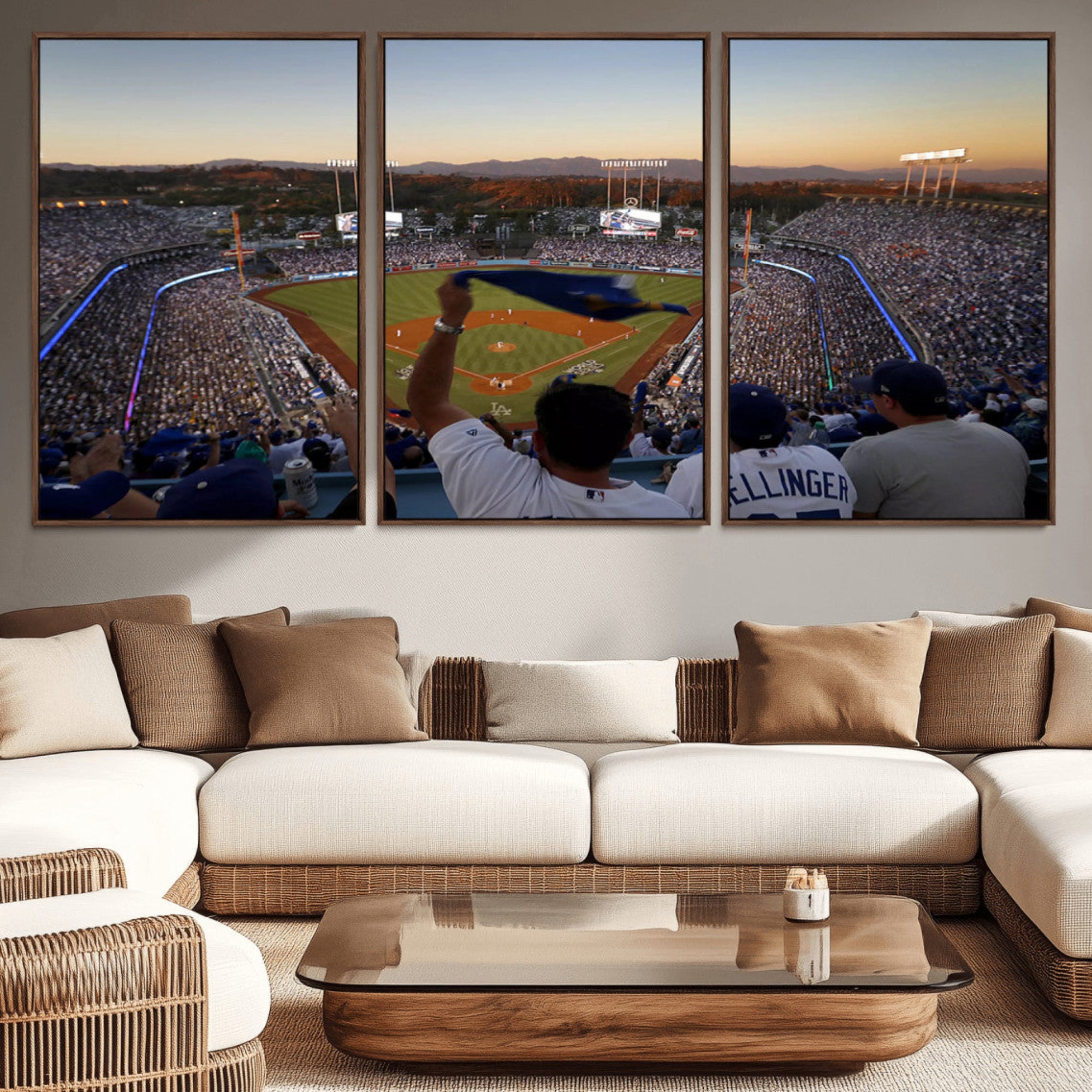 60162-MGV-CV-36X24-Dodger Stadium Sunset Game Triple Canvas Wall Art - Los Angeles Dodgers MLB Match