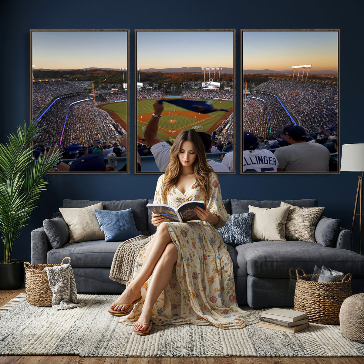 60162-MGV-CV-36X24 - Dodger Stadium Sunset Game Triple Canvas Wall Art, Los Angeles Dodgers MLB Match
