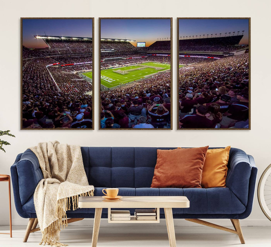 A vibrant canvas print of Texas A&M Aggies at College Stations Kyle Field Stadium captures the energy of fans cheering as the band marches at sunset.