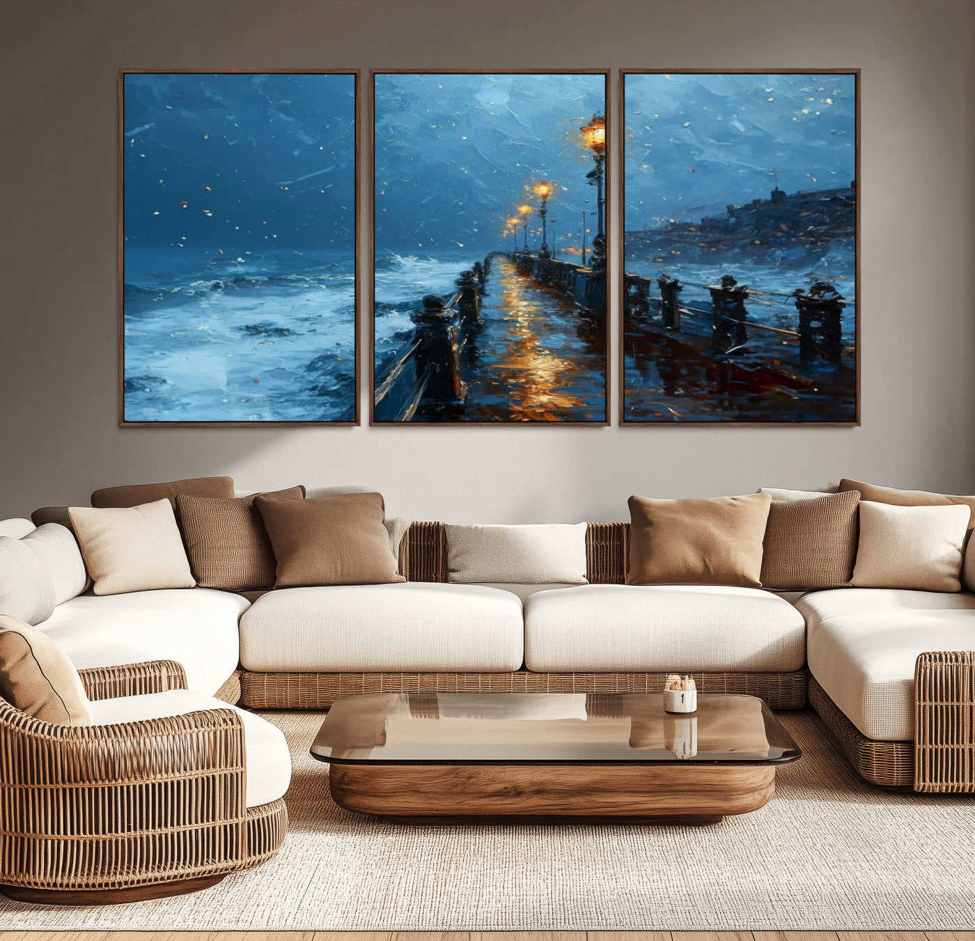 MGV-FC-60X30-3P - Stormy Night at Beach Pier Oil Painting Large Wall Art Print, Framed Canvas Nature Wall Decor,