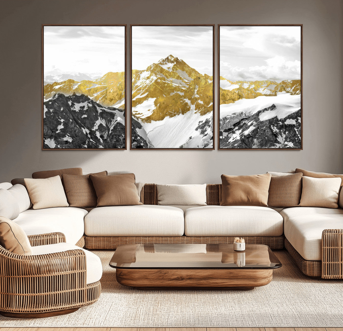 MGV-FC-60X30-3P - Gold Abstract Mountains Wall Art Print on Canvas, Nature Wall Art Print,